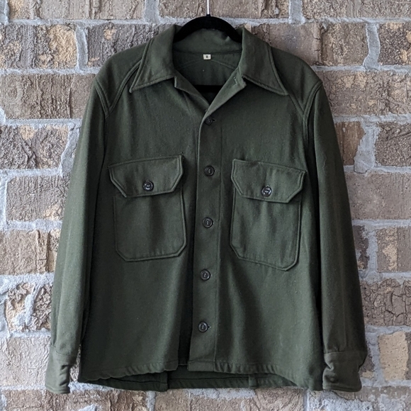 Vintage 60s Military Army Green 100% Wool Shacket Shirt - Picture 1 of 7